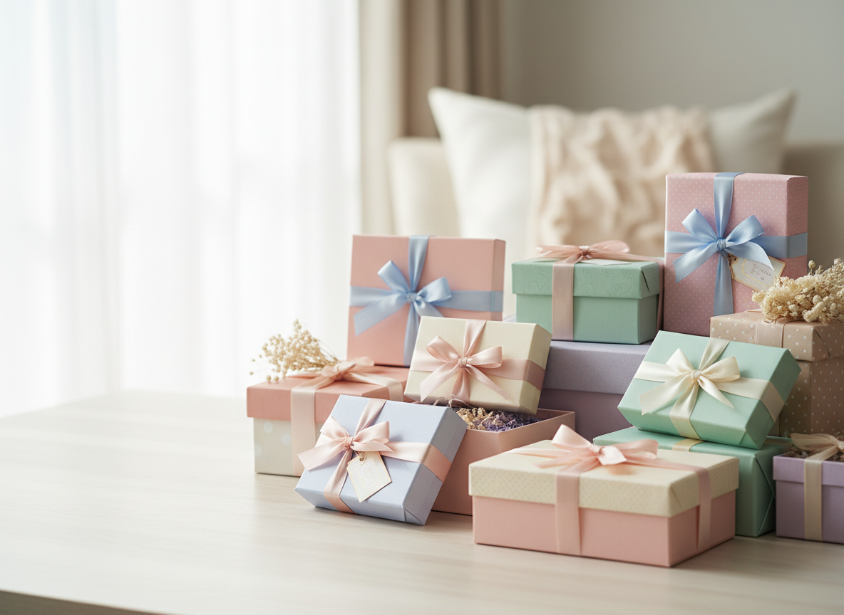 main hero image with a stylish assortment of gift boxes and packages, pastel theme, soft natural light, clean background, suitable for a gift ideas website